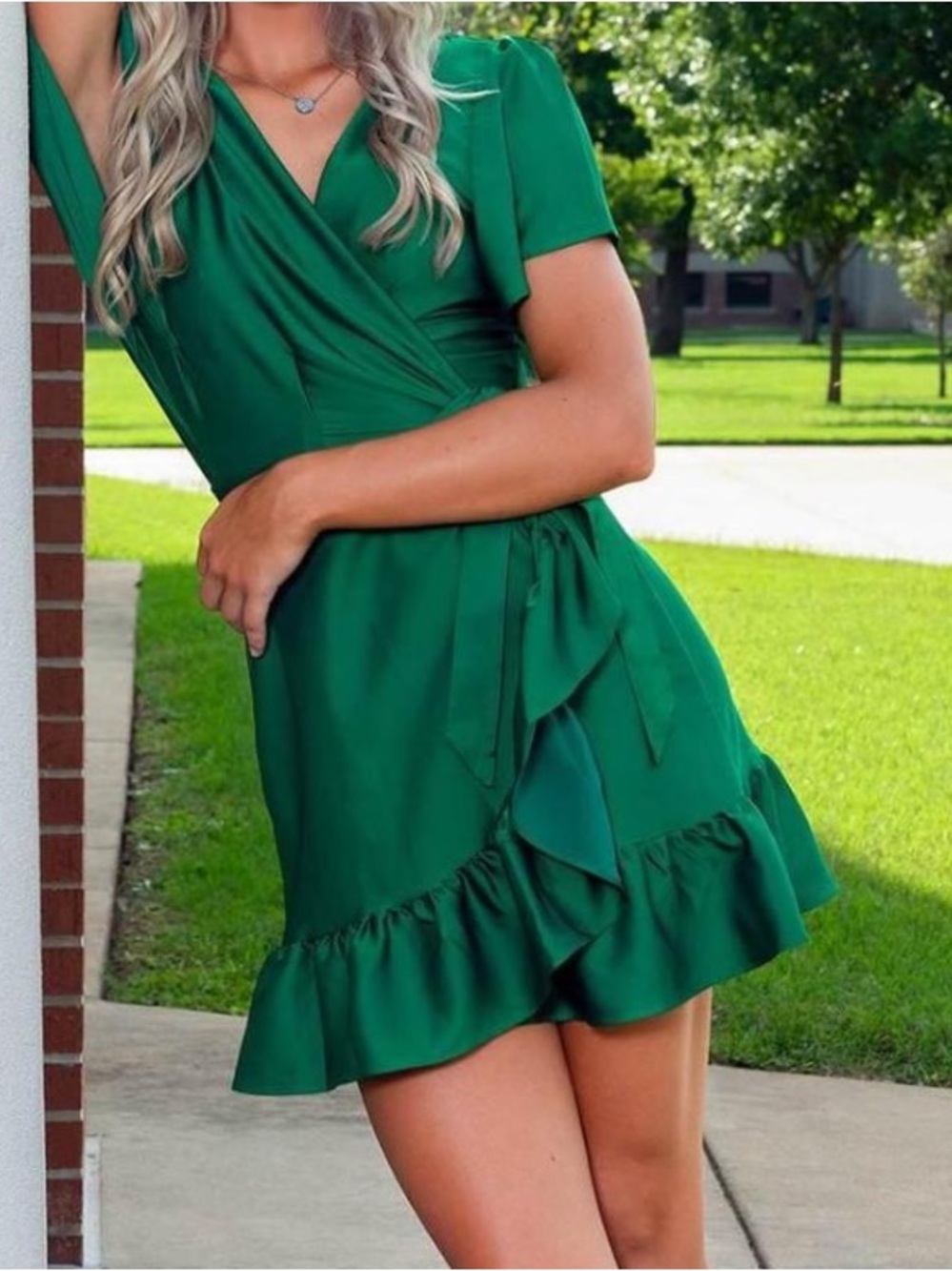 Francesca's Collections Emerald Green Wrap Ruffle Mini Dress